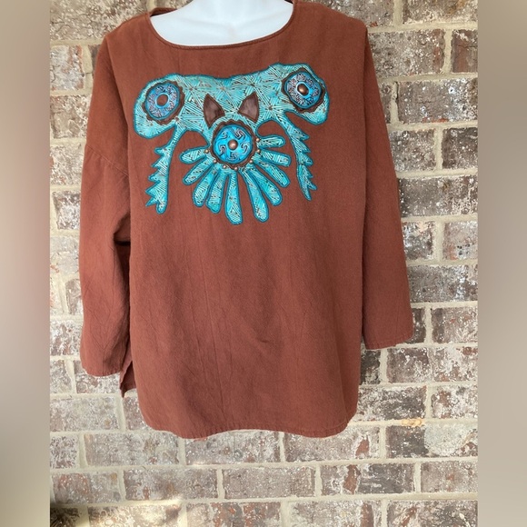 Alfredos Wife Tops - Alfredos Wife SZ L tunic top Brown Turquoise studded Appliqué Bling Vintage